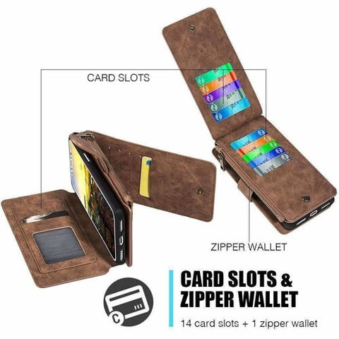 Leather Flip Wallet with Card Slot and Detachable Back Case for iPhone