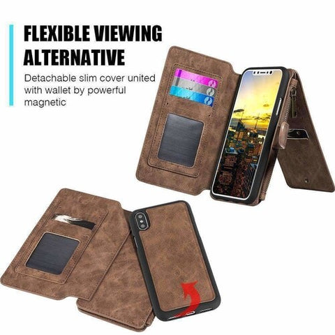 Leather Flip Wallet with Card Slot and Detachable Back Case for iPhone